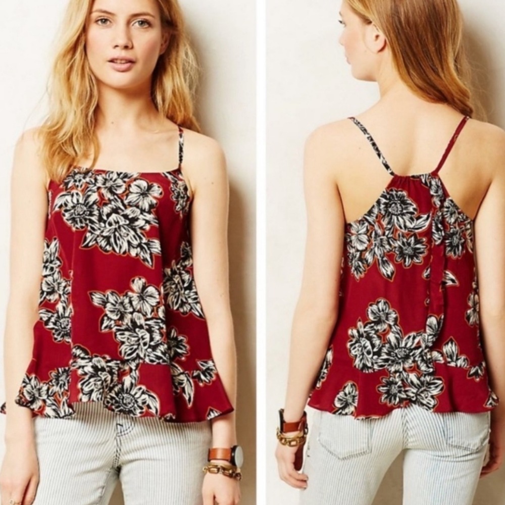 Anthropologie Maeve Zabella Silk Tank Womens 4 Floral Maroon Camisole Blouse